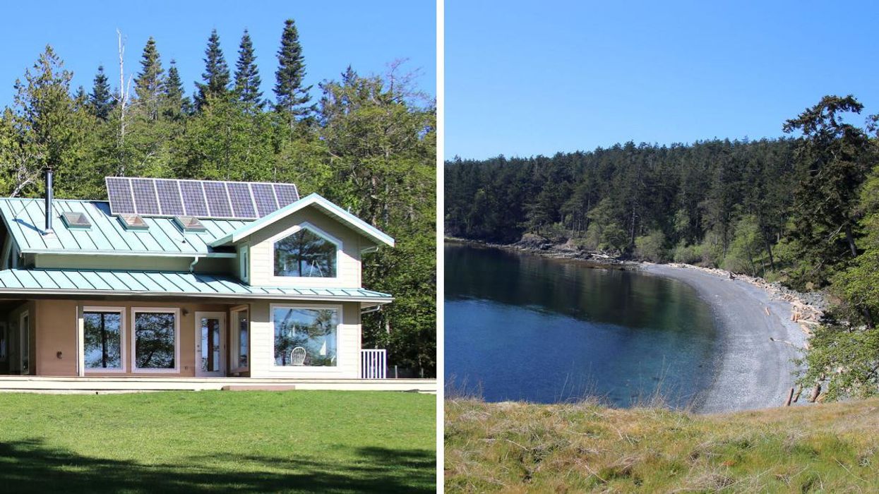 A house for sale in B.C. Right: A beach on an island in B.C.