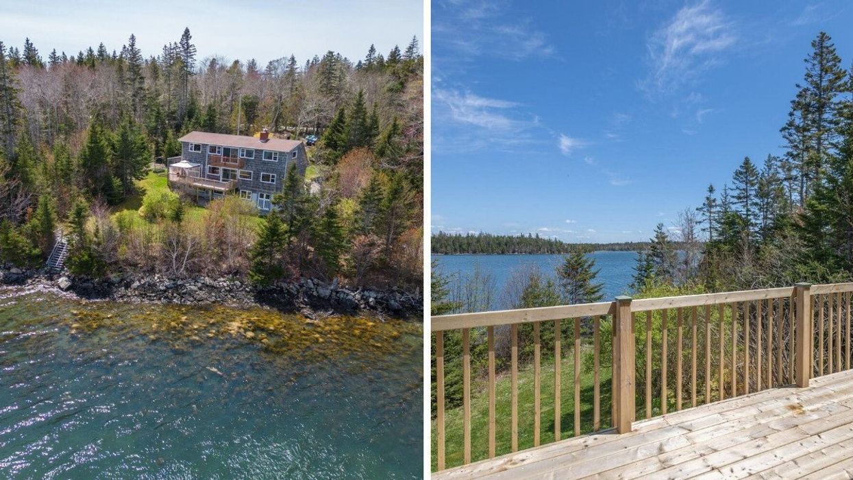 A house for sale in Nova Scotia from the ocean. Right: Backyard deck of the house that overlooks the water.