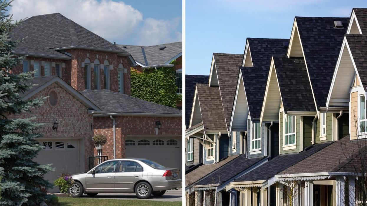 A house in a Toronto neighbourhood. Right: A row of houses in Richmond, B.C.