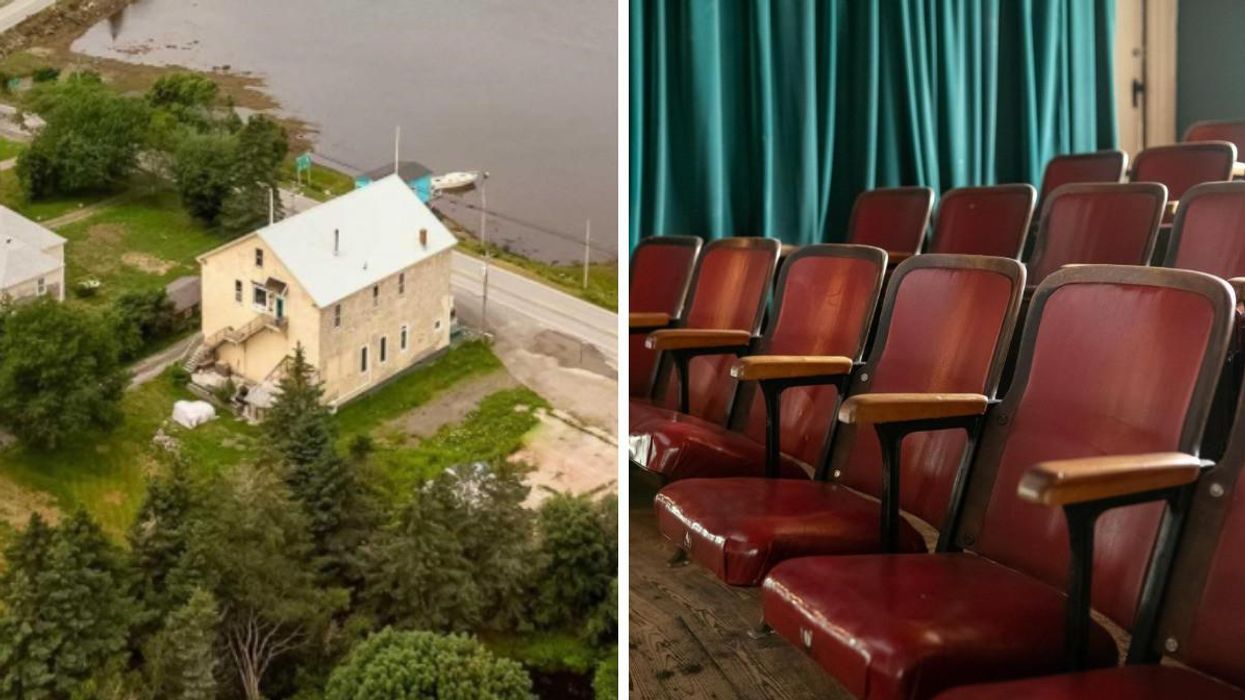 A house in Nova Scotia near the water. Right: Theatre seats in the house.