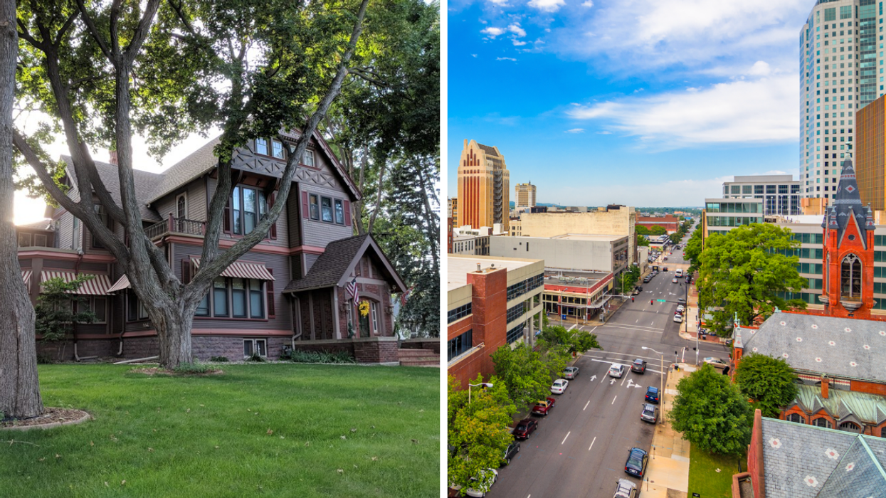 A house in Sioux Falls, SD. Right: Downtown Birmingham, AL.