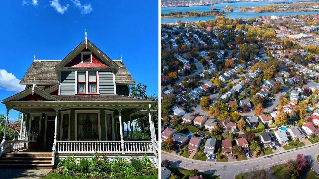 A house in Surrey, BC. Right: An aerial view of houses in Montreal.