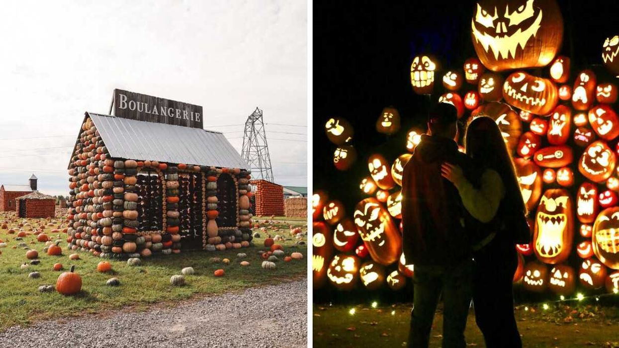A house made of pumpkins in a village near Ottawa. Right: A couple looks at jack-o'-lanterns at a site near Ottawa.
