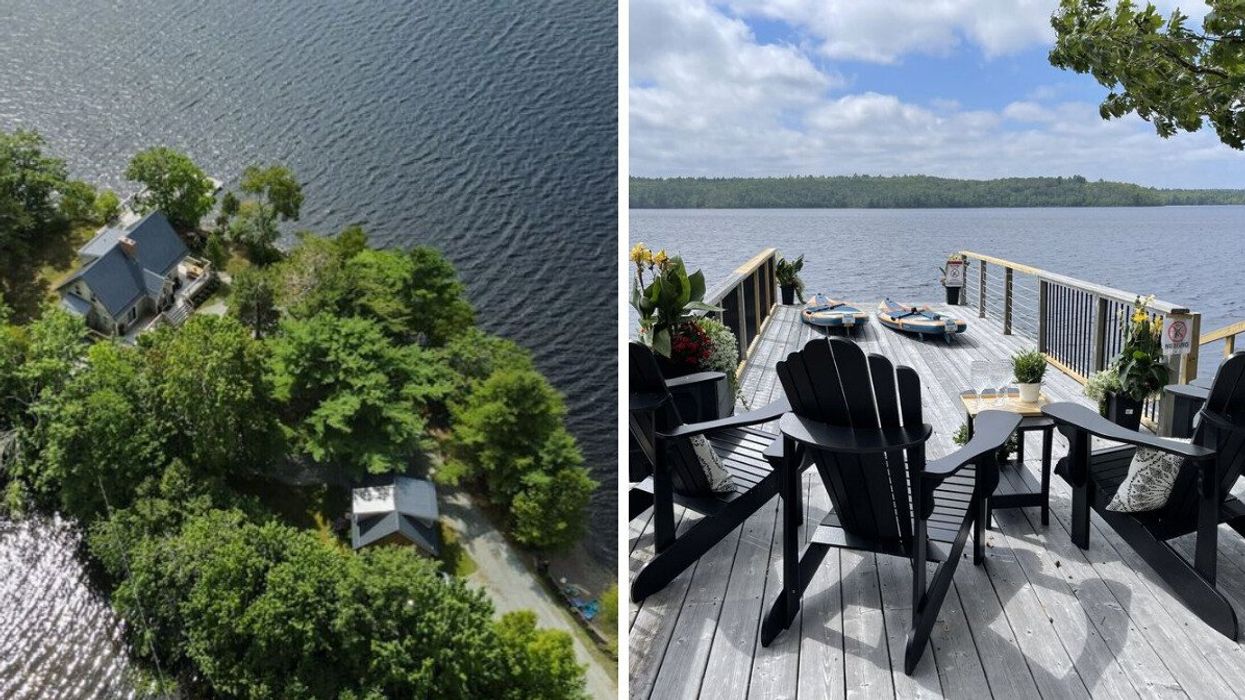 A house on a peninsula. Right: A rock on a lake.