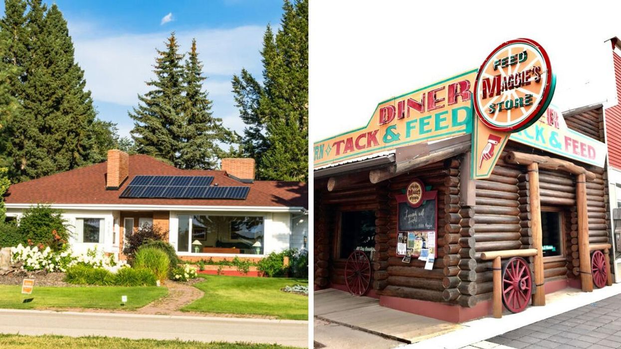 A house. Right: Maggie's Diner in High River.