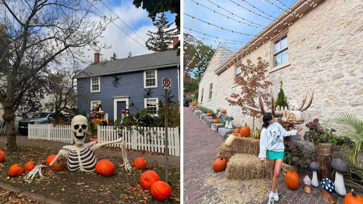 A house with Halloween decorations. Right: A person standing by Halloween decor.