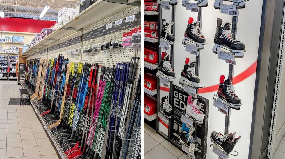 A huge variety of hockey sticks. Right: Skating boots.