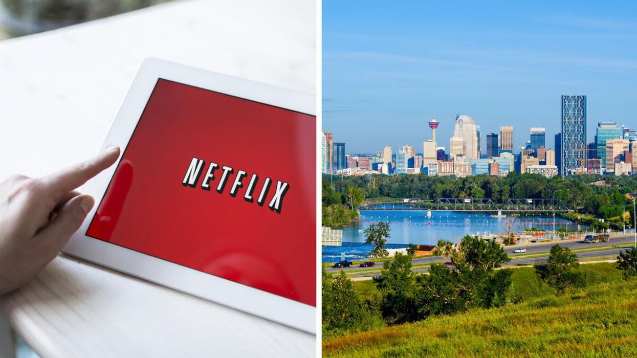A iPad with the Netflix app open. Right: The Calgary skyline.