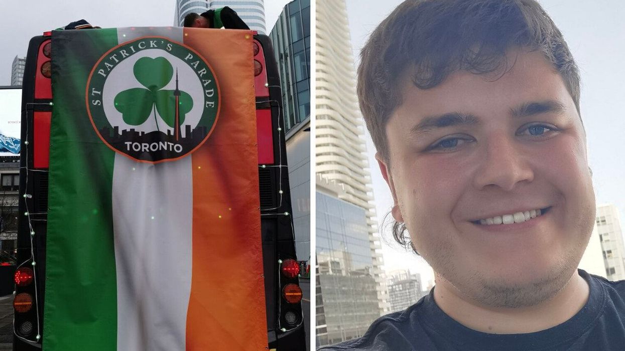 A Irish on St. Patrick's Day in Toronto. Right: Narcity's Tomás Keating.