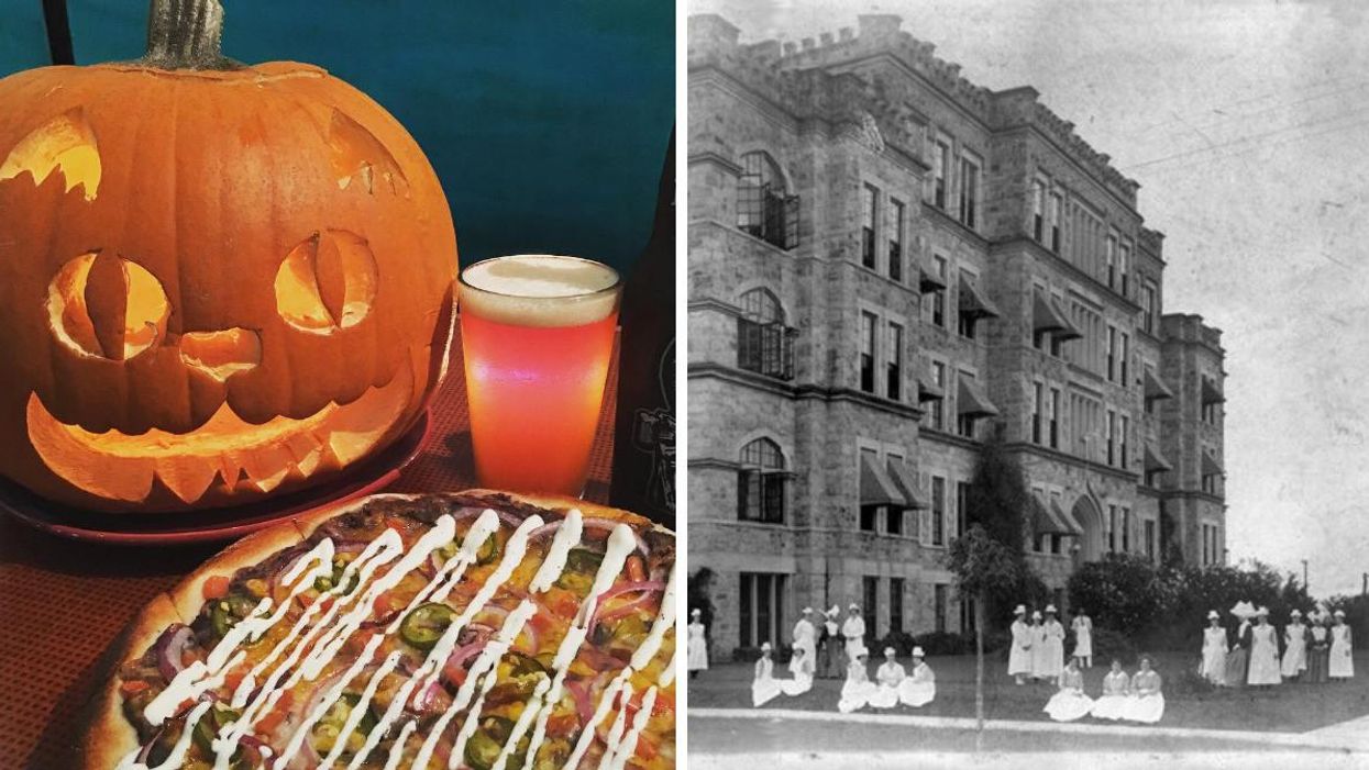 A jack-o-latern with pizza and beer at Ozone Pizza. Right: A black and white image of nurses outside the old hospital.