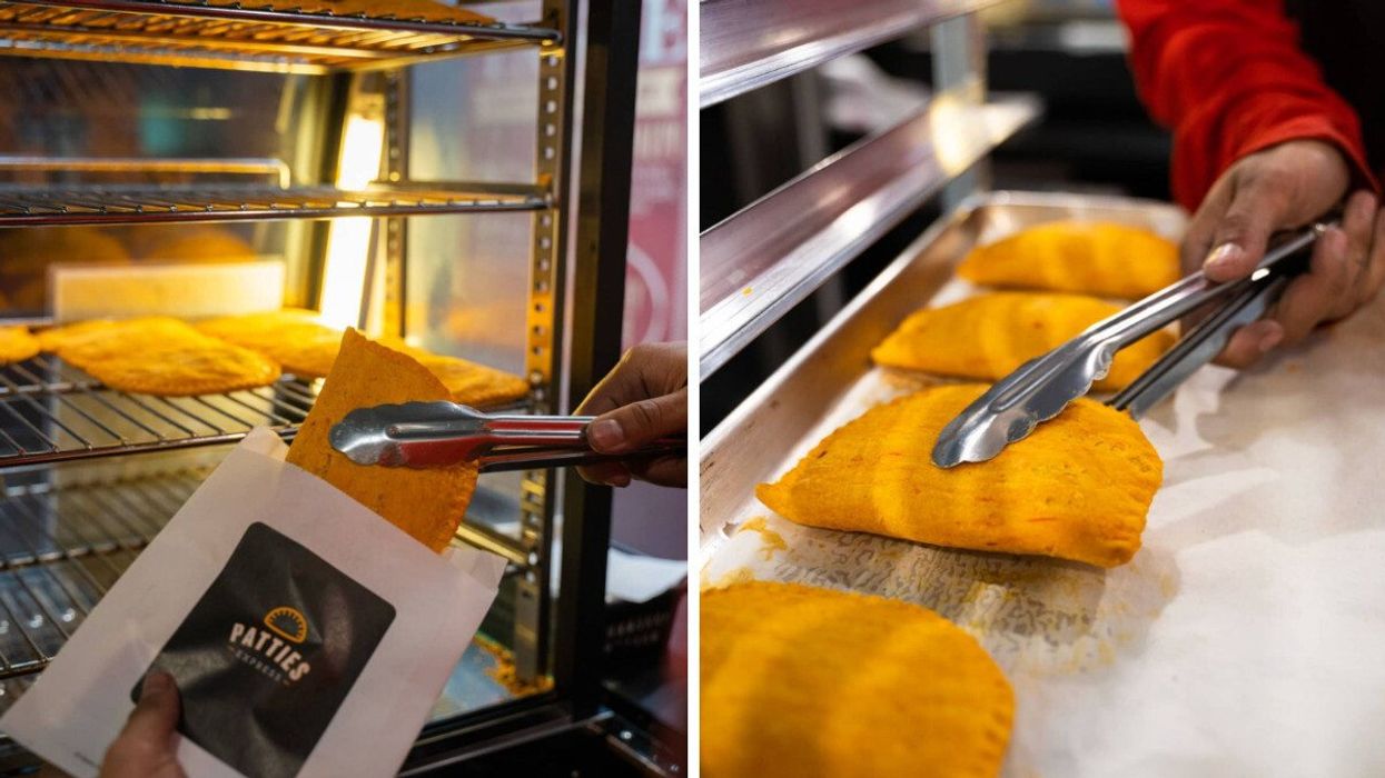 A Jamaican patty being put in a bag. Right: Jamaican patties on a baking tray.