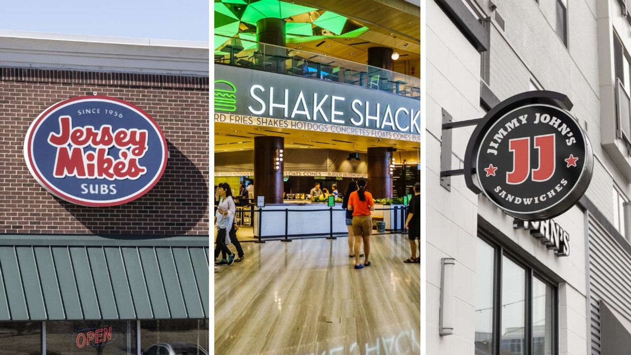 A Jersey Mike's Subs sign. Middle: A Shake Shack sign. Right: A Jimmy John's Sandwiches sign.