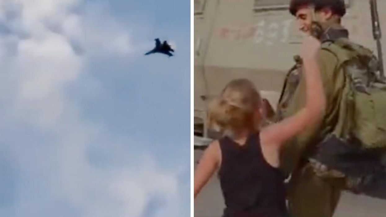 A jet from the alleged "Ghost of Kyiv" video. Right: A girl confronts a soldier.