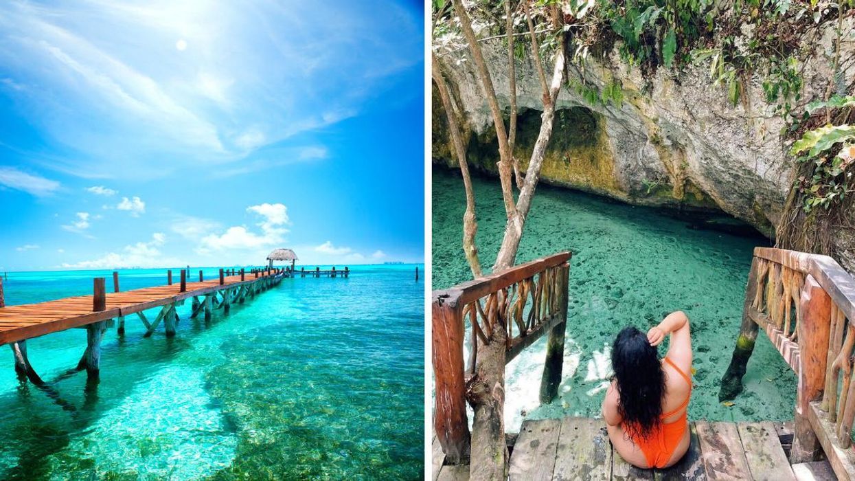 A jetty near Cancun, MX. Right: A woman sits in a grotto near Cancun, MX.