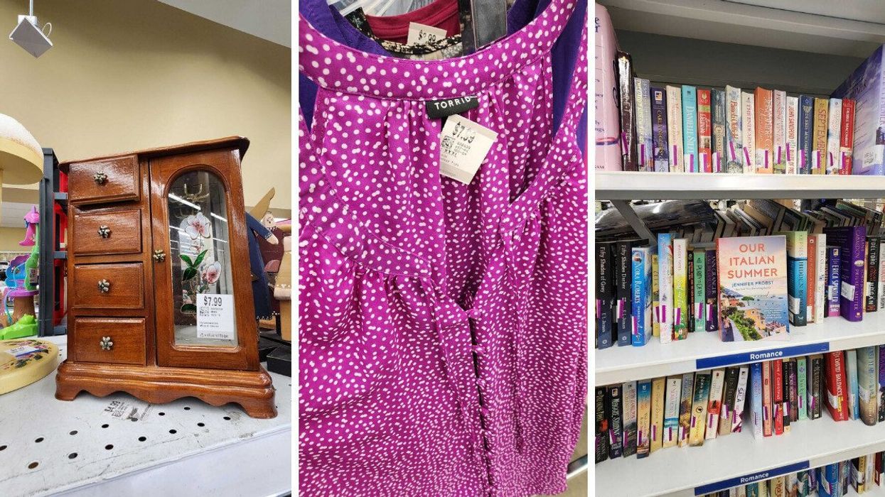 A jewelry box. Middle: A shirt from Torrid. Right: Books.