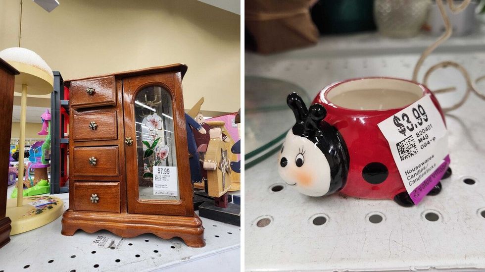 A jewelry box. Right: A ladybug candle holder.