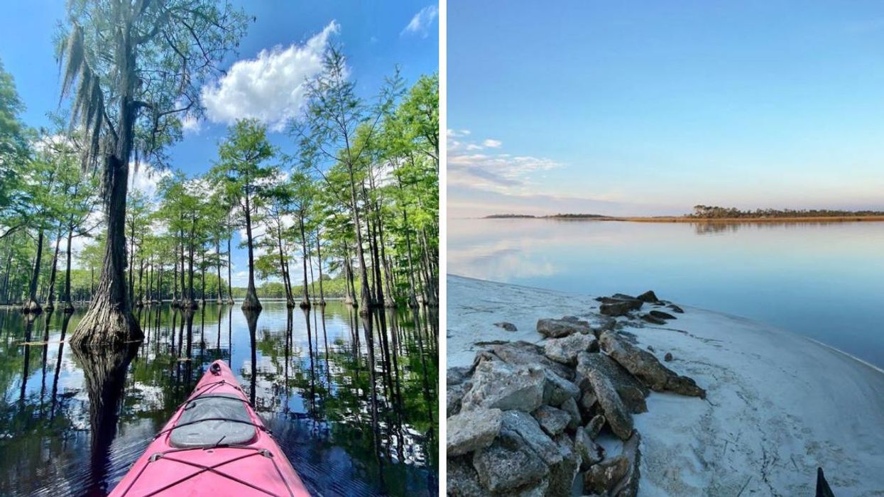 A kayak navigating George L Smith State Park. Right: The shore at Back River on Tybee Island, GA. 