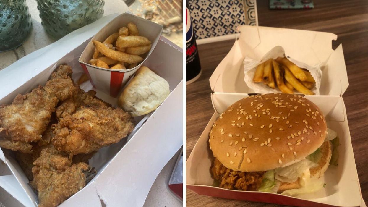 A KFC fried chicken combo from the U.S. Right: A chicken sandwich from a KFC U.K. location.
