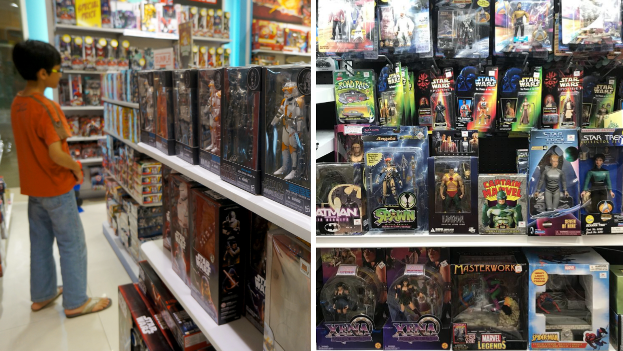 A kid in a toy aisle. Right: Action figures in a store.