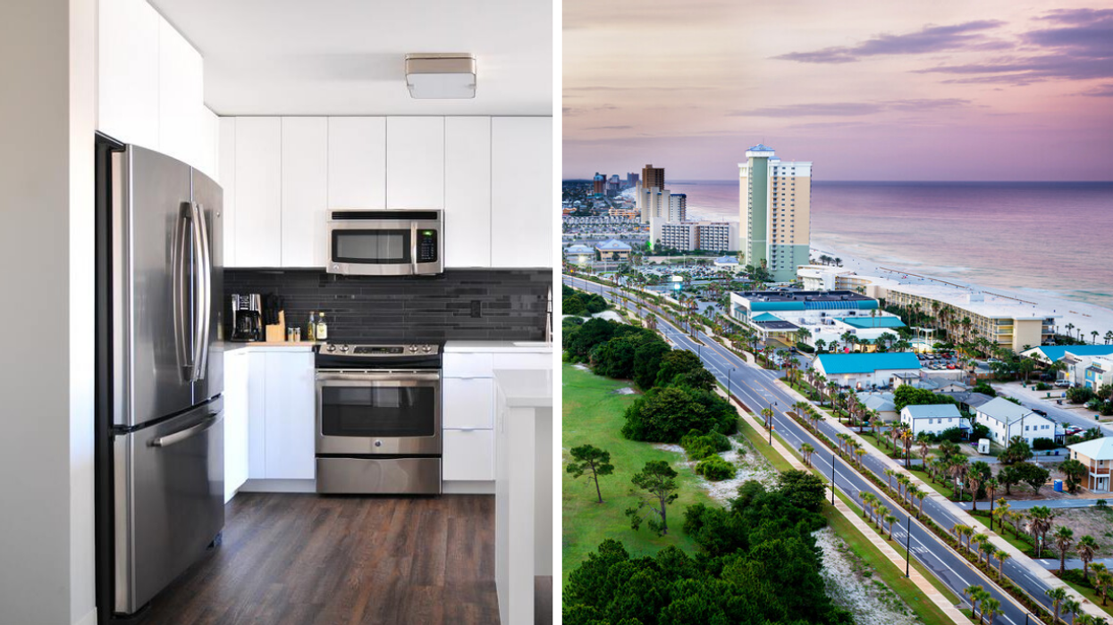 A kitchen of an apartment. Right: The landscape of Panama City Beach.