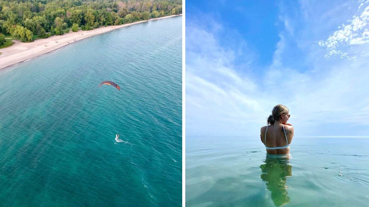 A kite surfer on a lake. Right: A person in a lake.