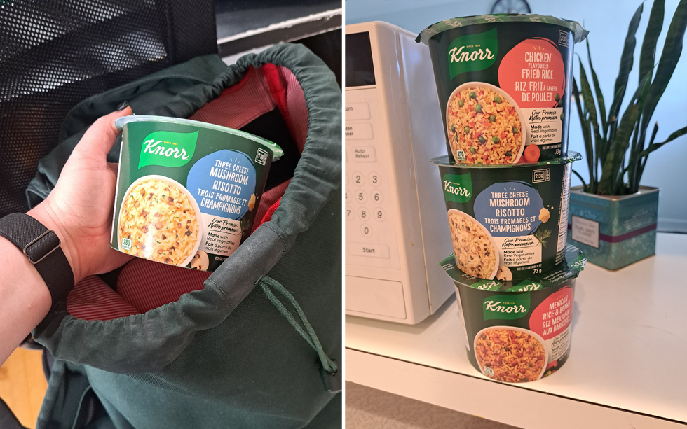 A Knorr Rice Cup in a backpack. Right: The three flavours of Knorr Rice Cups next to a microwave.