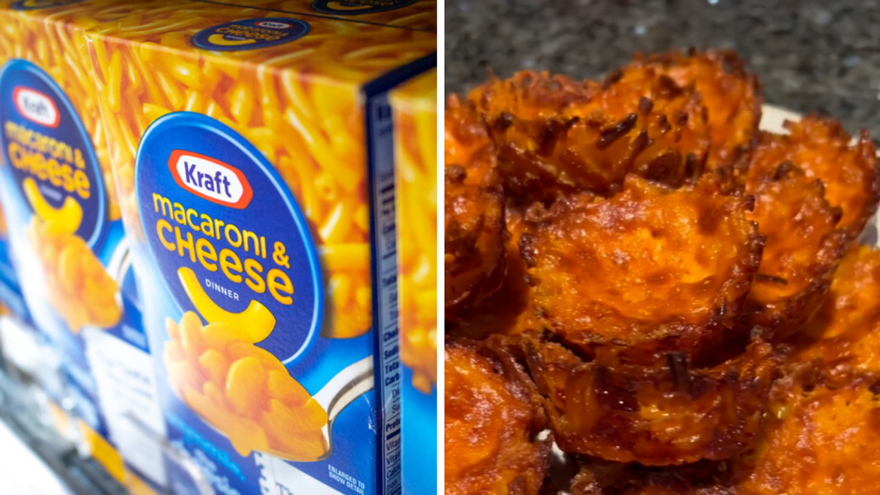 A Kraft Dinner box. Right: Kraft Dinner cheese bites by Alex Kandaharian.