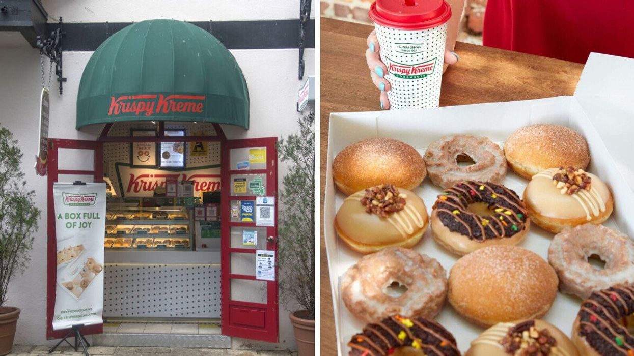 A Krispy Kreme storefront. Right: A dozen Krispy Kreme donuts.