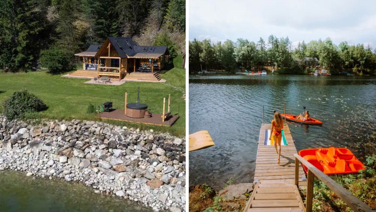 A lake house in B.C. Right: A person on a boardwalk at an Airbnb in Ontario.