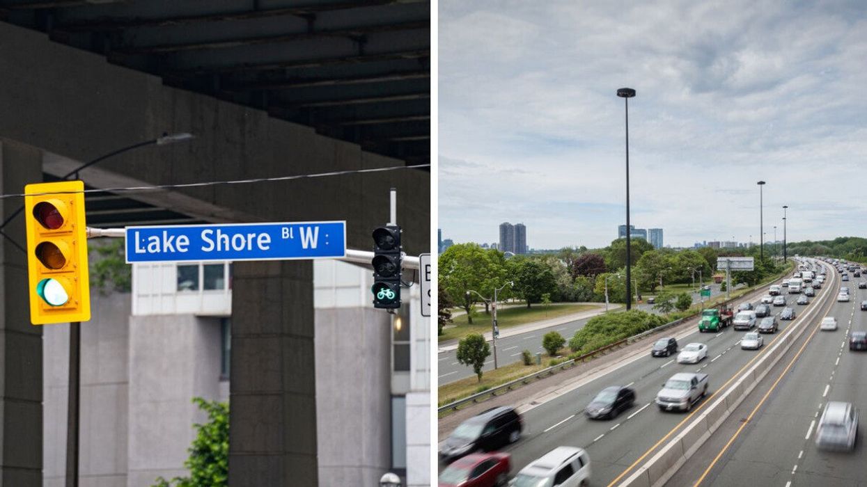 A Lake Shore Boulevard West sign in Toronto. Right: Cars driving on a highway in Toronto.