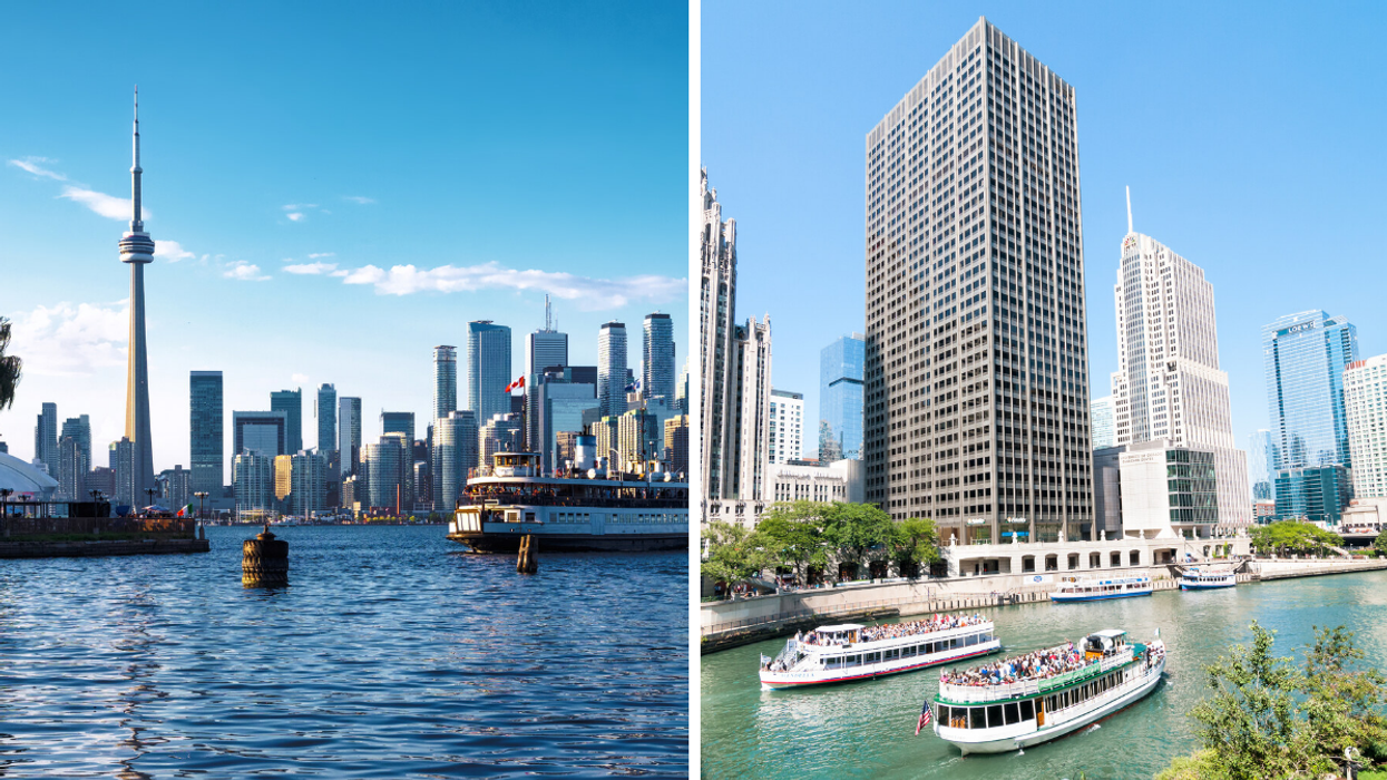 A lake-side view of Toronto. Right: Chicago with boats heading towards Lake Michigan.