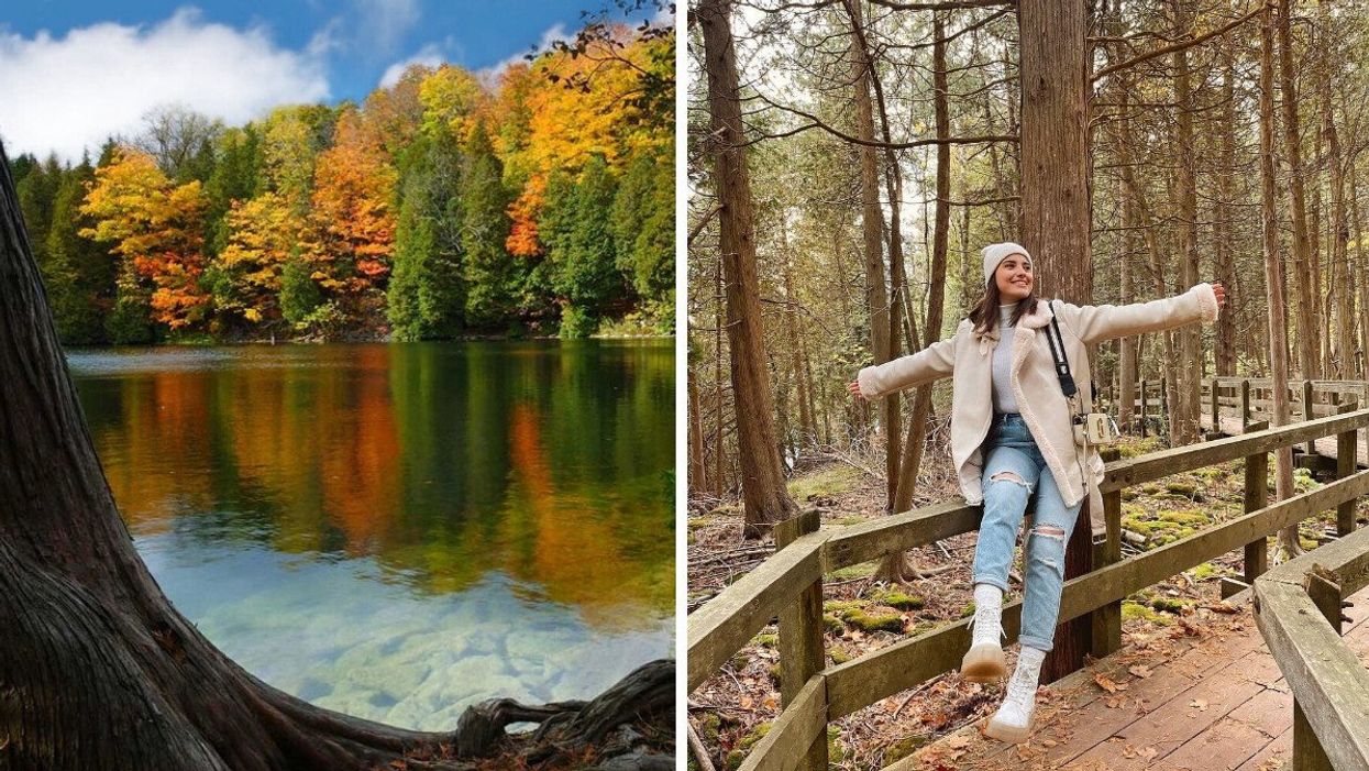 A lake surrounded by fall colours. Right: A person on a boardwalk trail.