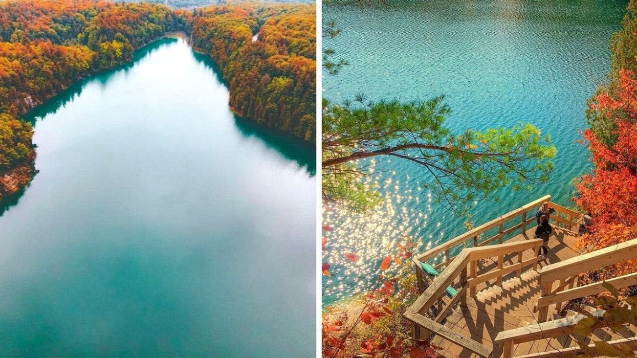 A lake surrounded by fall colours. Right: A stairway to a lake.