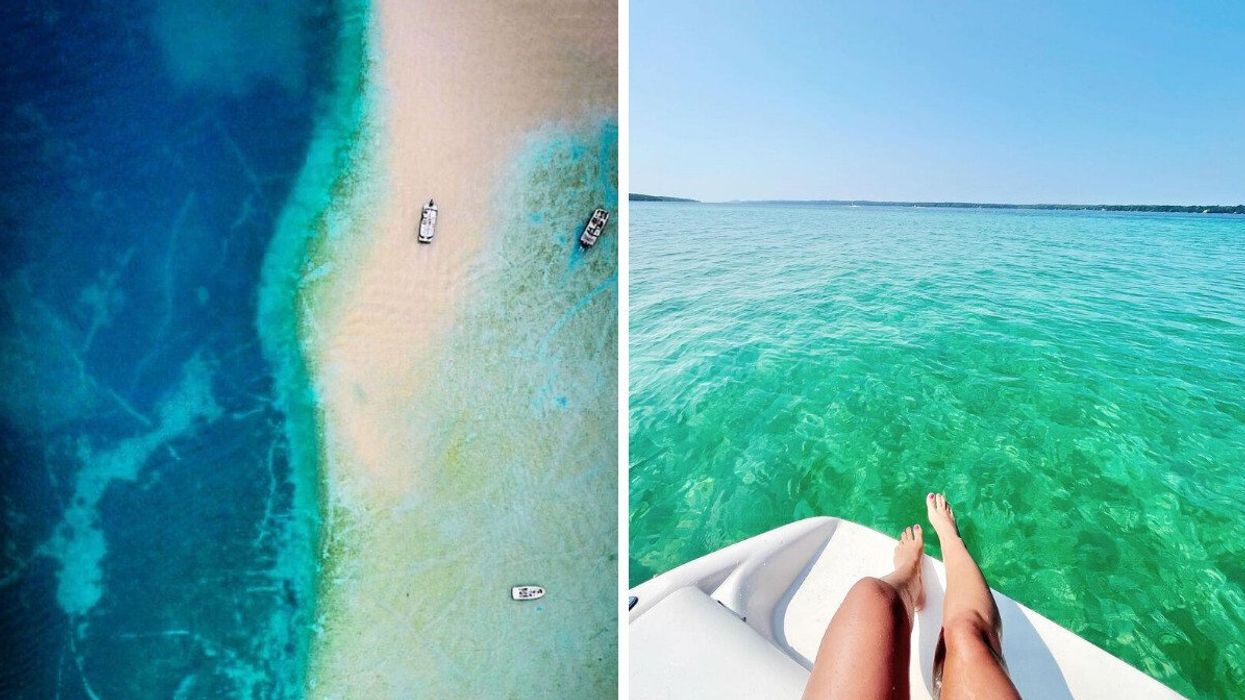 A lake with a sandbar. Right: A person's legs by blue water.