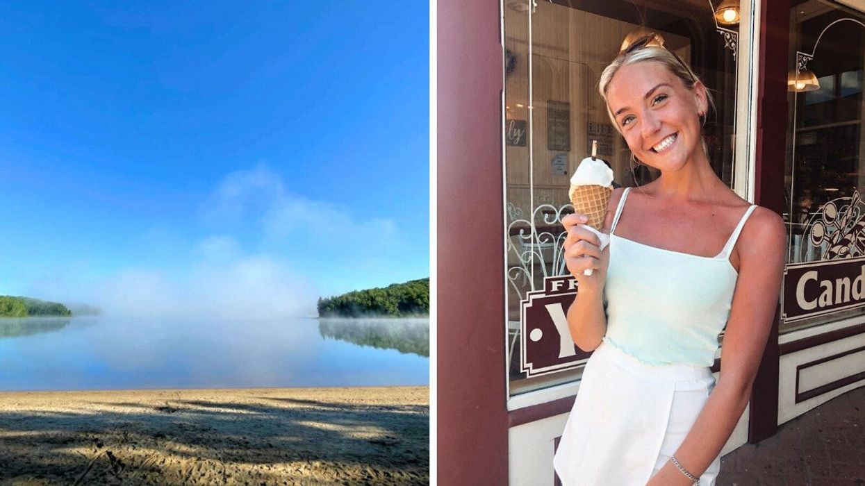A lake with a sandy beach. Right: A person holding an ice cream cone.