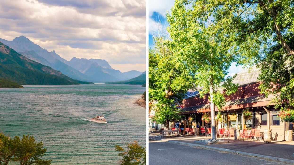 A lake with mountains. Right: A street in a town.