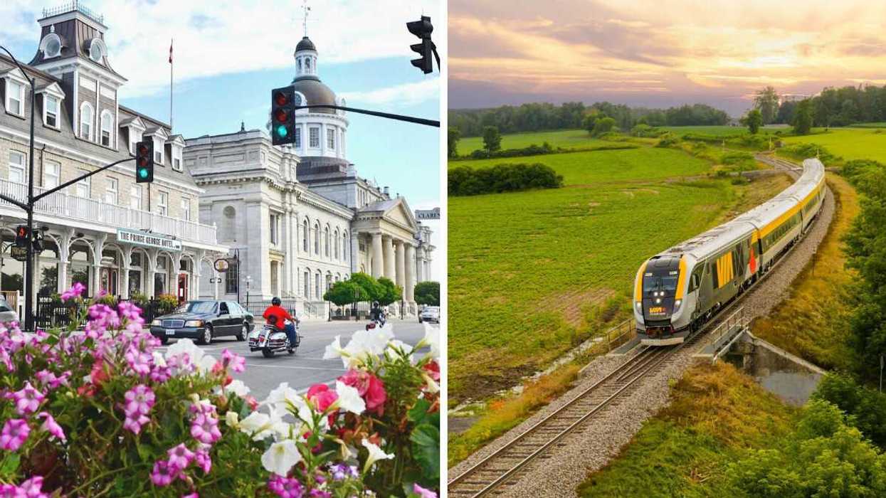 A lakeside city in Ontario. Right: A VIA Rail train. 
