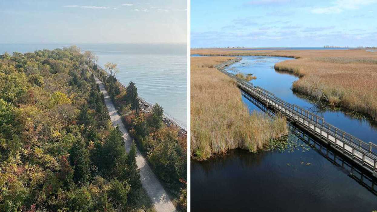 A lakeside path. Right: A boardwalk through a marsh.