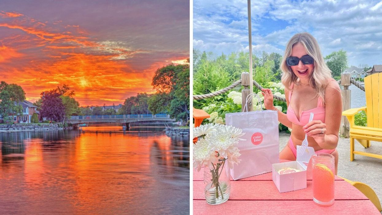 A lakeside town at sunset. Right: A person eating at a pink table.