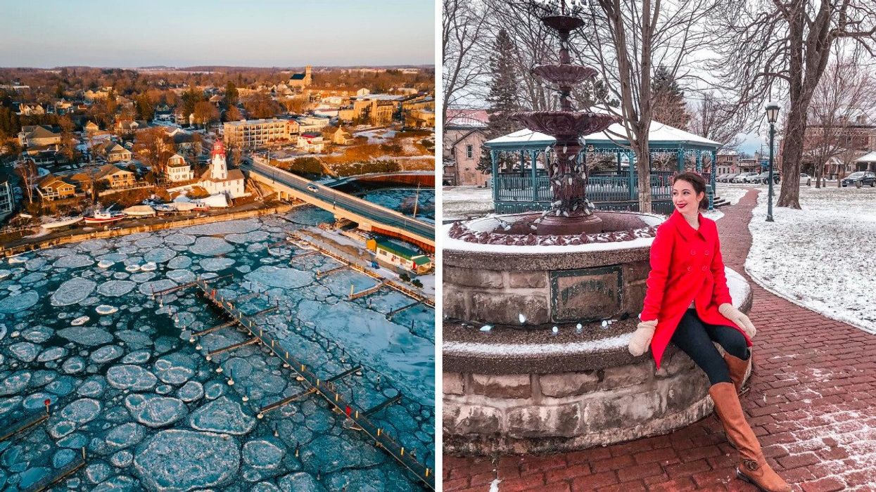 A lakeside town during the winter. Right: A person in a red coat sitting on a fountain.