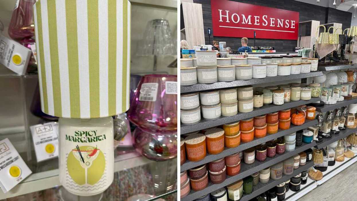 A lamp with a green and white coloured lamp shade, a picture of a drink and it says spicy margarita above it. Right: A large selection of candles in front of a sign that says HomeSense.