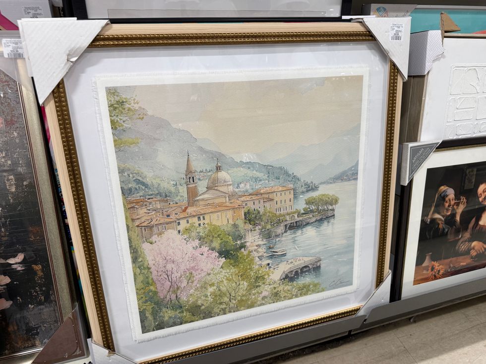 A landscape piece of artwork in a frame on a store shelf.