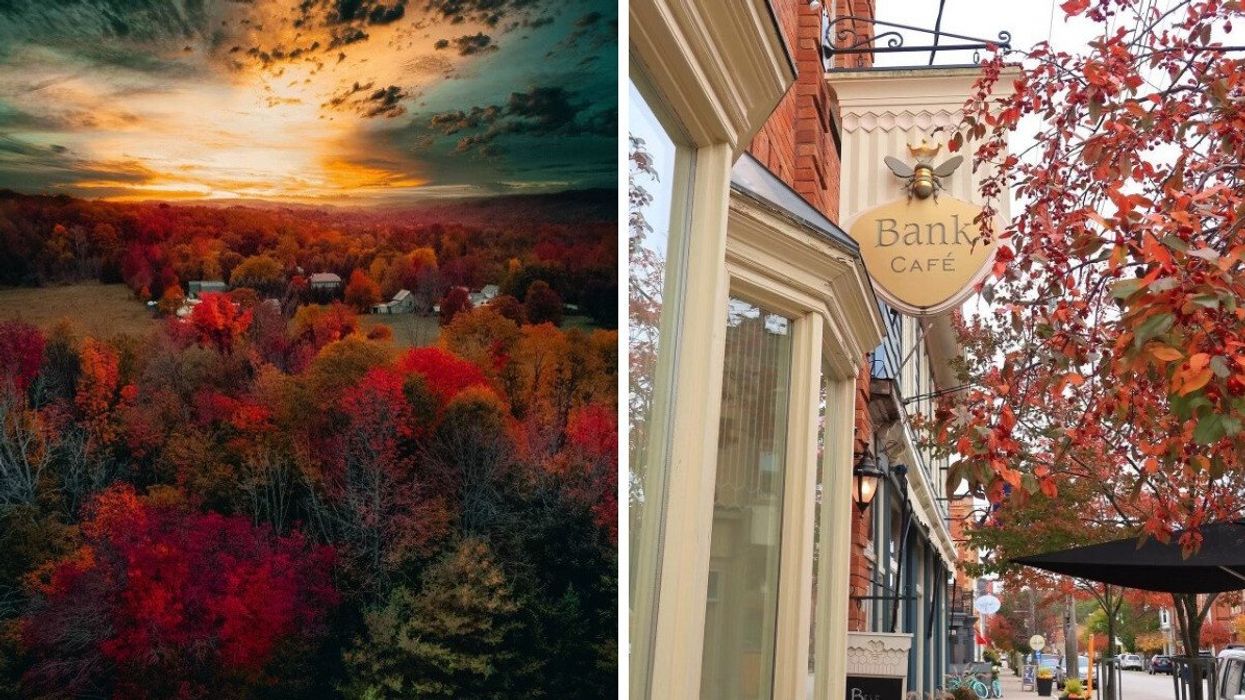 A landscape with fall colours. Right: A main street during the fall.