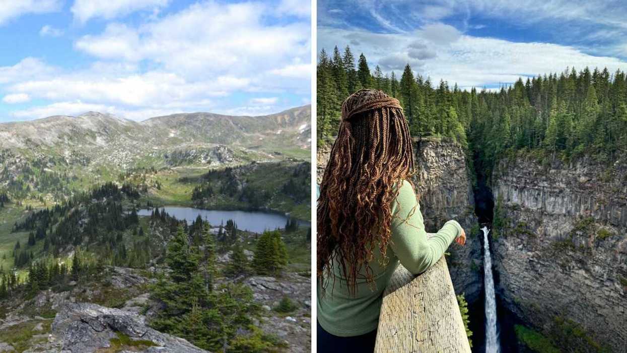 A landscape with rolling hills and a lake. Right: A person gazing at a waterfall.