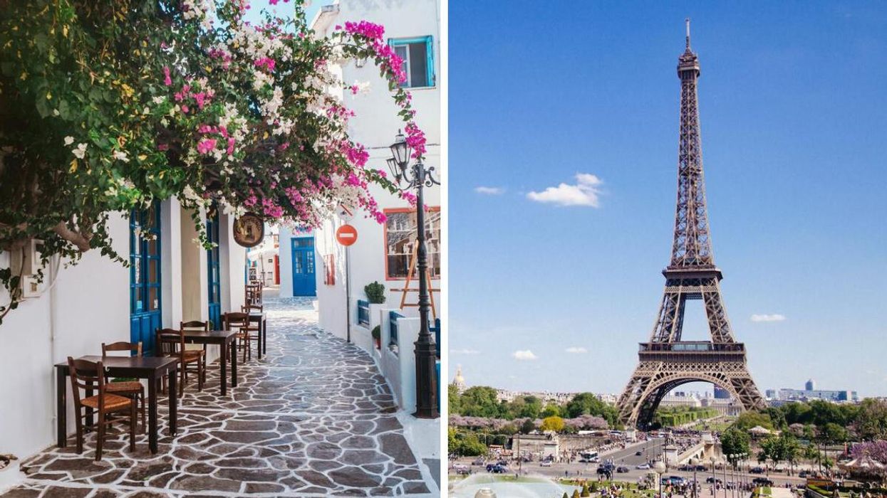 A lane in Milos, Greece. Right: The Eiffel Tower in Paris.