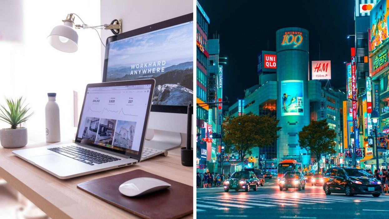A laptop and computer set up. Right: Shibuya, Japan.