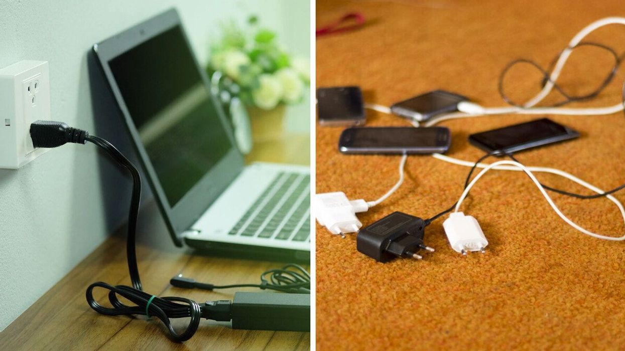 A laptop charger. Right: A pile of phone chargers.
