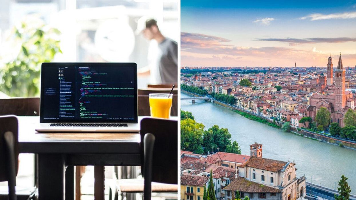 A laptop in a cafe. Right: A sunset in Verona, Italy.