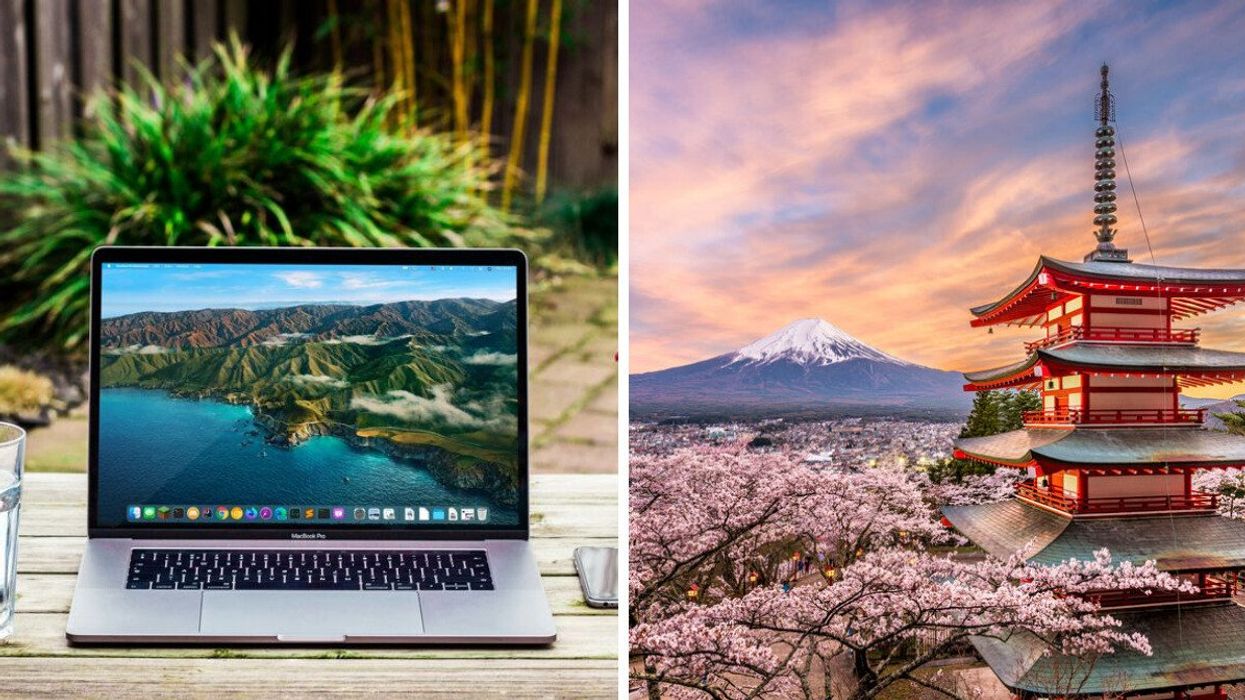 A laptop is seen on a table in a backyard. Right: Mount Fuji in Japan in spring surrounded by cherry blossoms.
