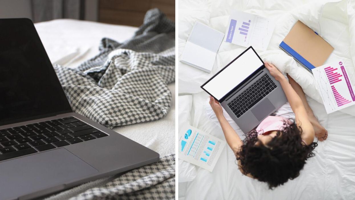 A laptop on a bed. Right: A woman working from a bed.